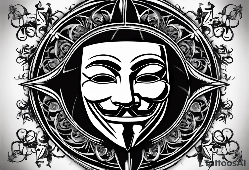 Centered v for vendetta, mask only. No hat.   Vintage compass surround. Crossed fencing swords tattoo idea