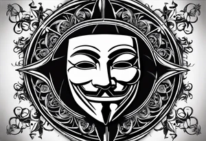 Centered v for vendetta, mask only. No hat.   Vintage compass surround. Crossed fencing swords tattoo idea