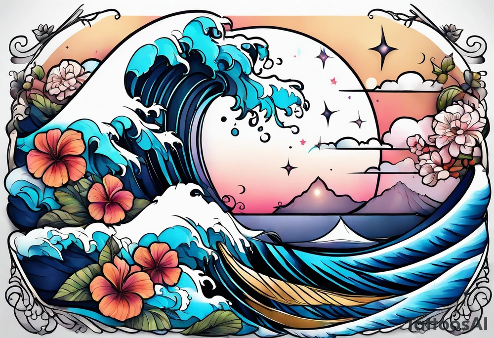 sea,, night, flower, palm, tattoo idea