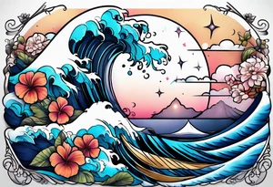 sea,, night, flower, palm, tattoo idea