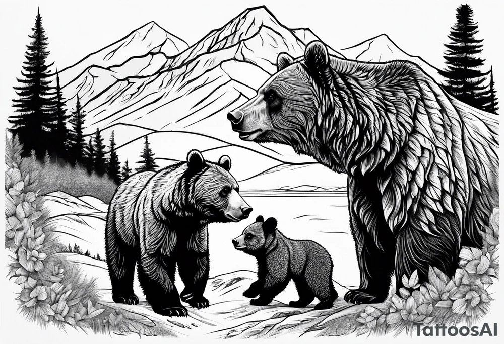 mamma bear and cub with mountains tattoo idea