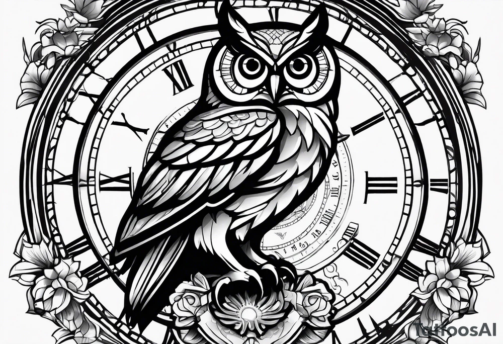 Owl perched on vintage clock tattoo idea
