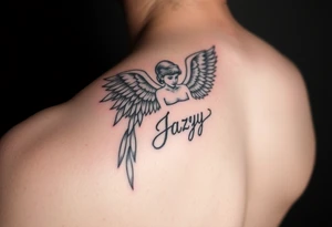 upper shooulder tattoo - Remembrance angel of a deceased best friend with the name Jazy incorporated tattoo idea