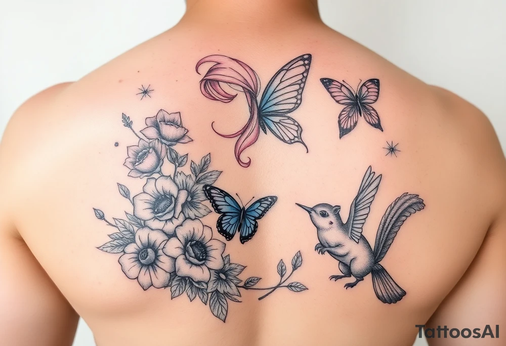 A blonde and pink haired fairy, flowers, a blue butterfly, a hummingbird, and a squirrel tattoo idea