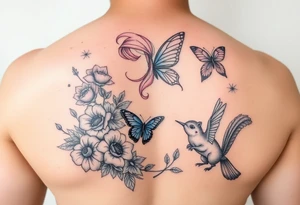 A blonde and pink haired fairy, flowers, a blue butterfly, a hummingbird, and a squirrel tattoo idea