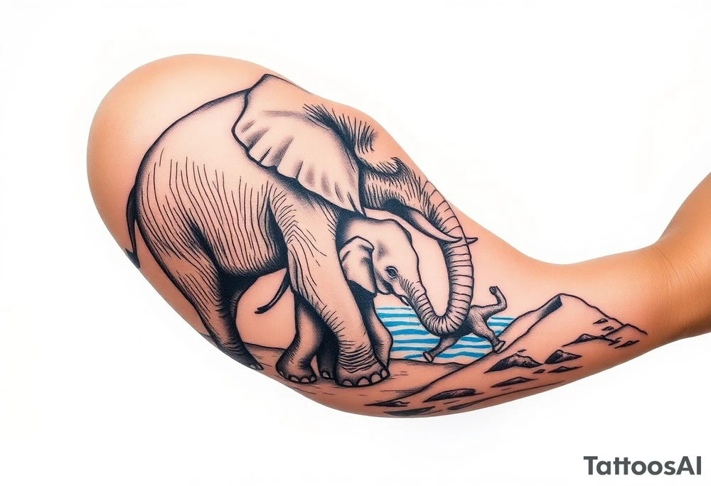 A mother and a baby elephant walking down a mountain trail with the ocean below tattoo idea