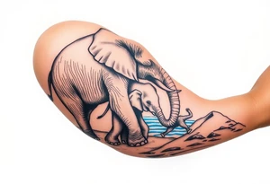 A mother and a baby elephant walking down a mountain trail with the ocean below tattoo idea
