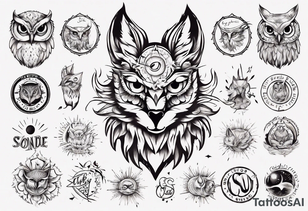 halb 
Fuchs halb Eule unter der Sonne mit dem Schriftzug Sapere Aude tattoo idea