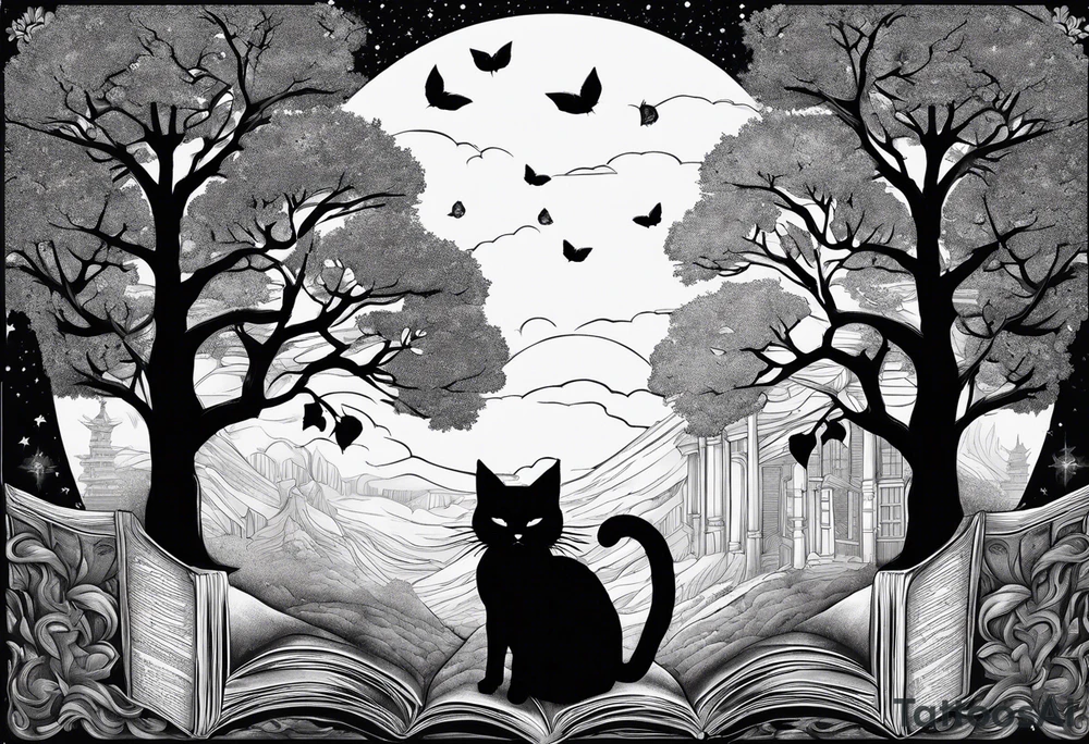 A dark fantasy vibe Four books stacked whimsically with the top book open with a black cat and and Tree coming out with a little start in the sky tattoo idea