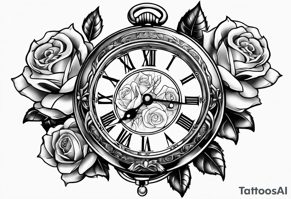 pocket watch with chain and roses tattoo idea