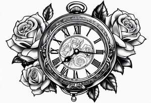 pocket watch with chain and roses tattoo idea