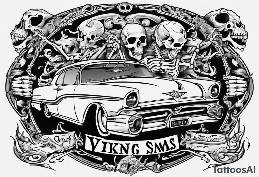 I want a tattoo of an old vintage open ceiling car and a skeleton in the back with the name “Viking Customs” incorporated in the design tattoo idea