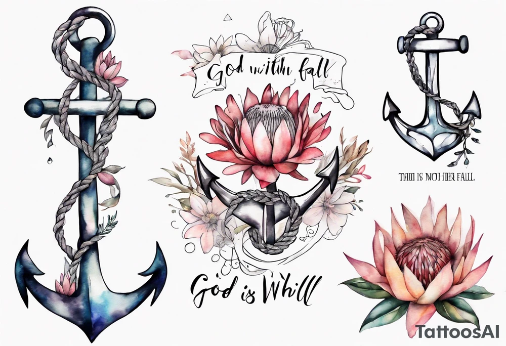 Very feminine tattoo of an anchor and protea flowers and the verse: God is within her, she will not fall. tattoo idea