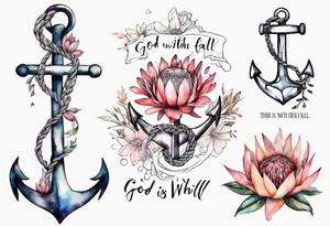 Very feminine tattoo of an anchor and protea flowers and the verse: God is within her, she will not fall. tattoo idea