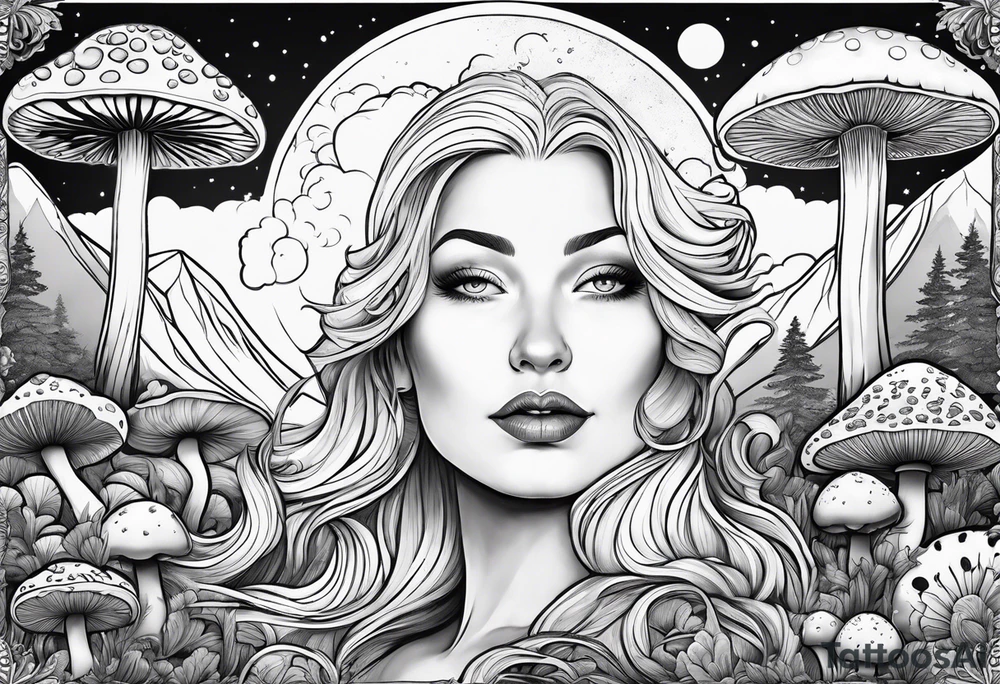 Older blonde fat woman no makeup surrounded by mushrooms mountains crescent moon background tattoo idea