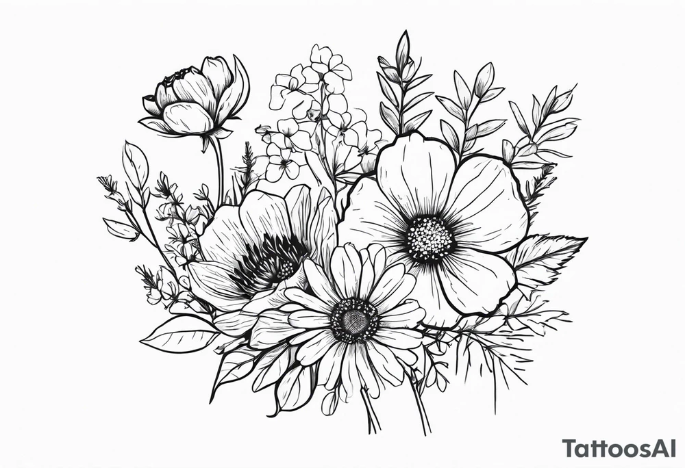 wildflower bouquet with birthflowers for April, May, June, august, october, november tattoo idea