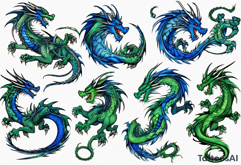 blue dragon tangled with a green dragon tattoo idea