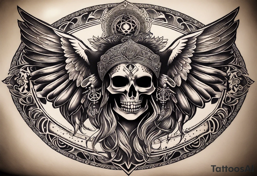black kali, goddess pirate, alien, angel, pachamama, valkrye, warrior, flying, skull, lotus azul, wing, eagle, zenza resonance, stars, 5D, anahata chakra, death, durga, riding on a tiger, flying lady, kundalini, chest tatoo tattoo idea