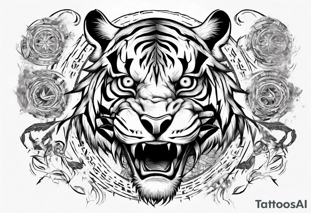 Ancient tiger with lightning and a sun for a forearm sleeve. With patterns surrounding it tattoo idea