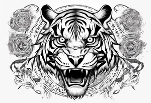 Ancient tiger with lightning and a sun for a forearm sleeve. With patterns surrounding it tattoo idea