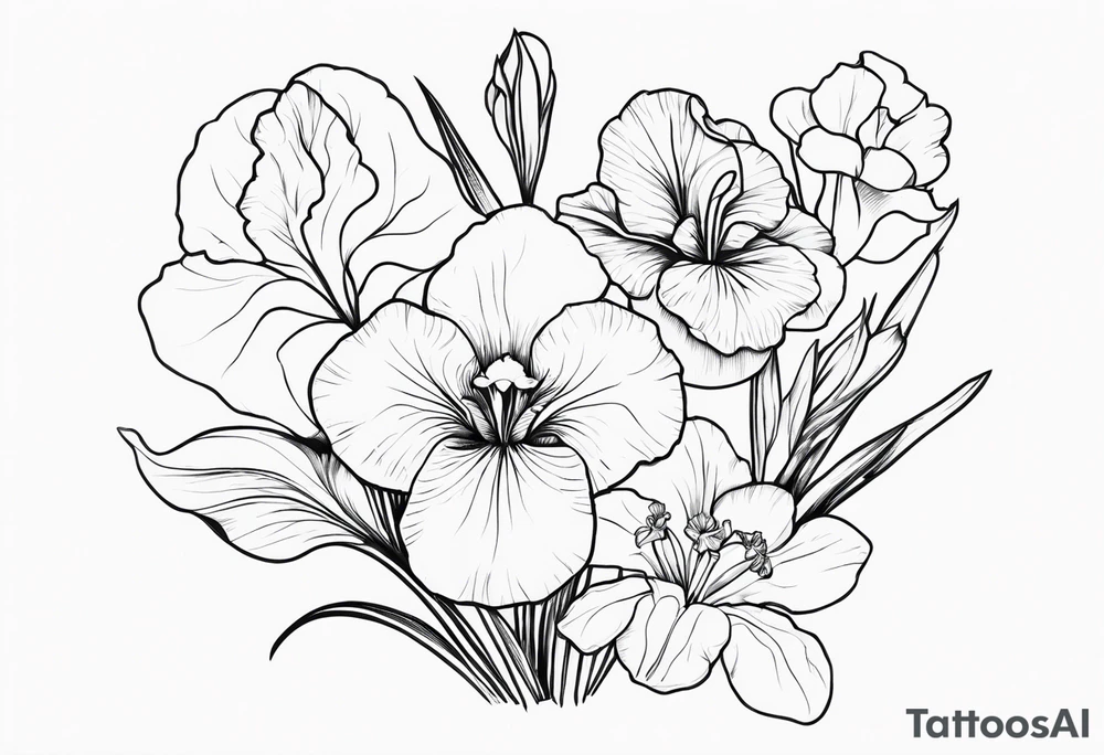 bouquet of biolet, primrose, and iris flowers tattoo idea