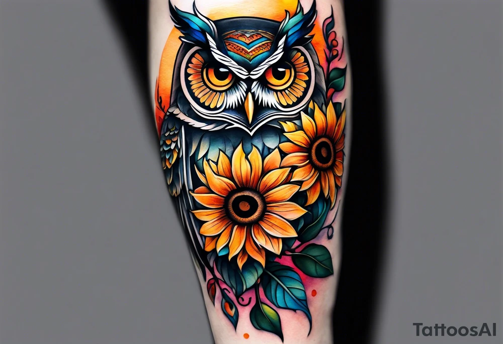 Leg sleeve with colorful sunflowers and an owl tattoo idea