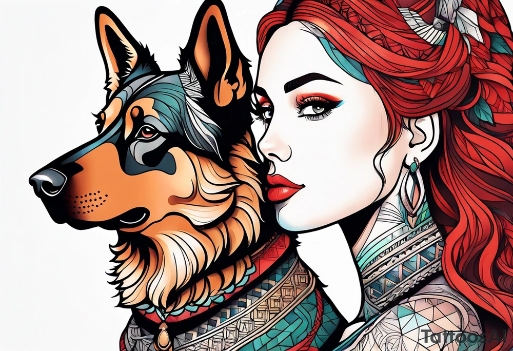 red hair woman with German shepherd dog tattoo idea