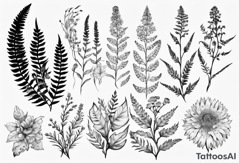 Sword fern and Vancouver island wildflowers tattoo idea