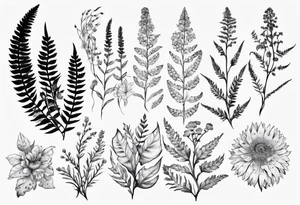 Sword fern and Vancouver island wildflowers tattoo idea