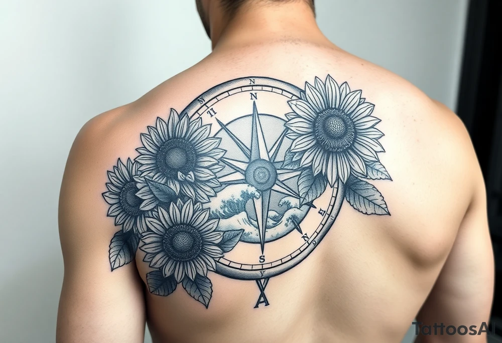 compass with sunflowers and the sun illuminating the piece, with waves crashing in the background

half-sleeve on the upper arm
make it bigger tattoo idea