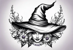 A witch hat tattoo with two ribbons coming down to form a loose bow and daisies and lavender adorning the brim tattoo idea