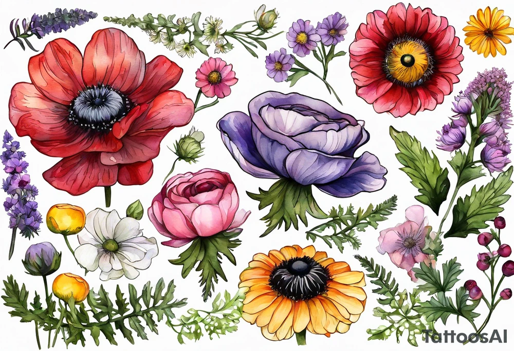 wildflowers with thistles, ferns, ranuculus, white anemones with black center, sun flowers, red flowers, pink flowers, purple flowers, buttercups, babys breath, daisies, and greenery all in watercolor tattoo idea