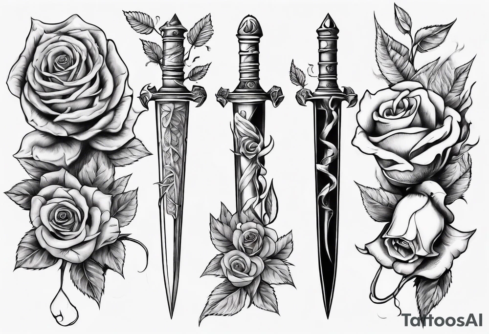 Dagger surrounded by roses tattoo idea