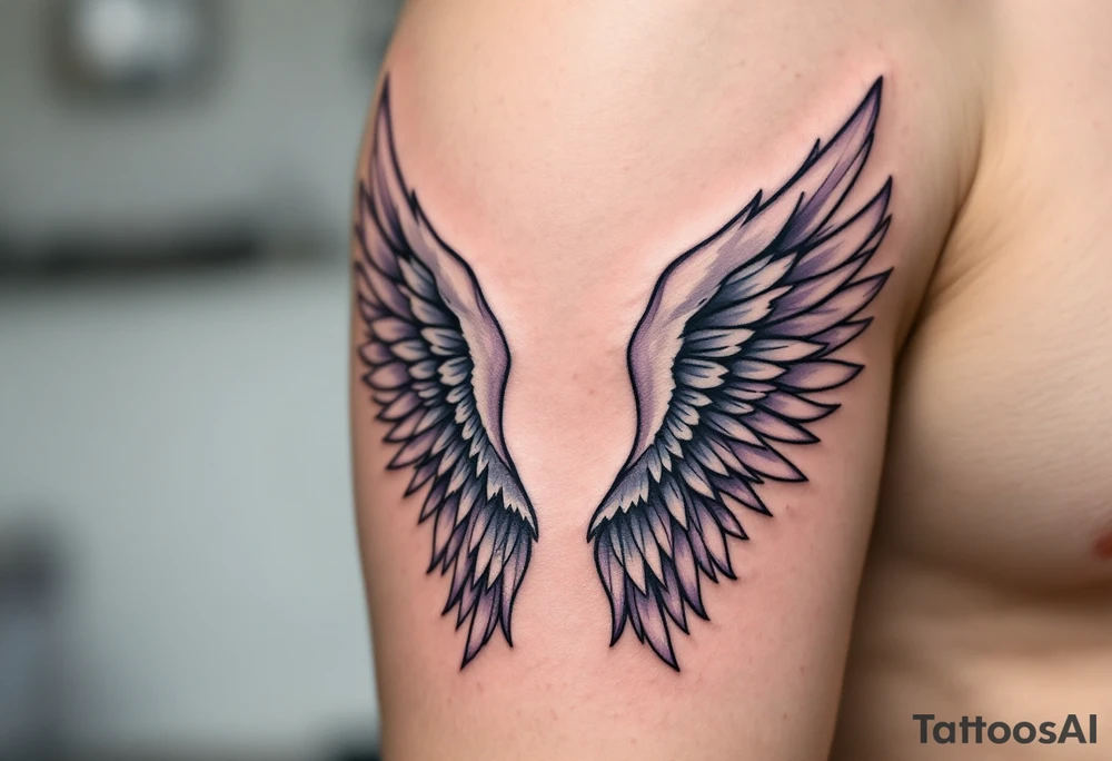 pair of angel wings enclosing "Linda – 1.1.2016 v 0:01", done in light gray and faded lilac. tattoo idea