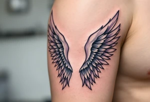 pair of angel wings enclosing "Linda – 1.1.2016 v 0:01", done in light gray and faded lilac. tattoo idea