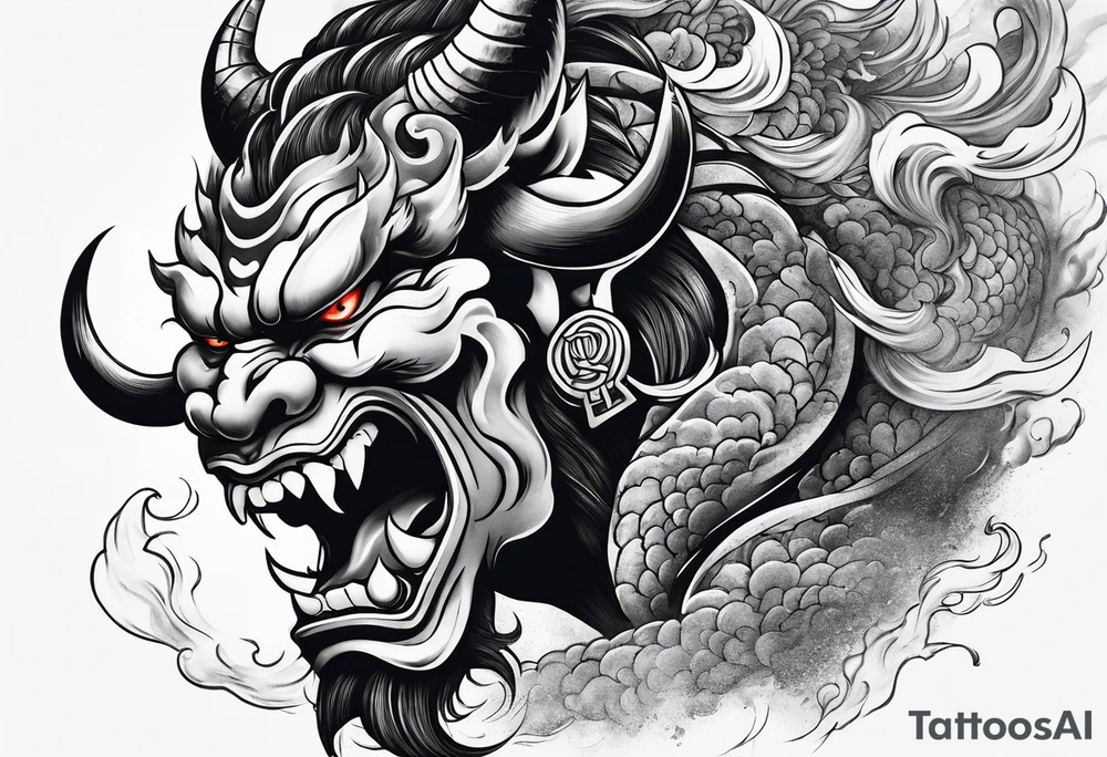 Japanese oni demon facing half sideways with subtle smoke coming out its mouth. With some Japanese cultural things surrounding it tattoo idea