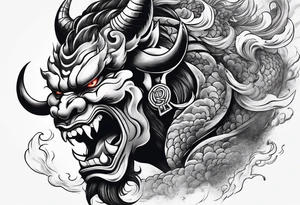 Japanese oni demon facing half sideways with subtle smoke coming out its mouth. With some Japanese cultural things surrounding it tattoo idea