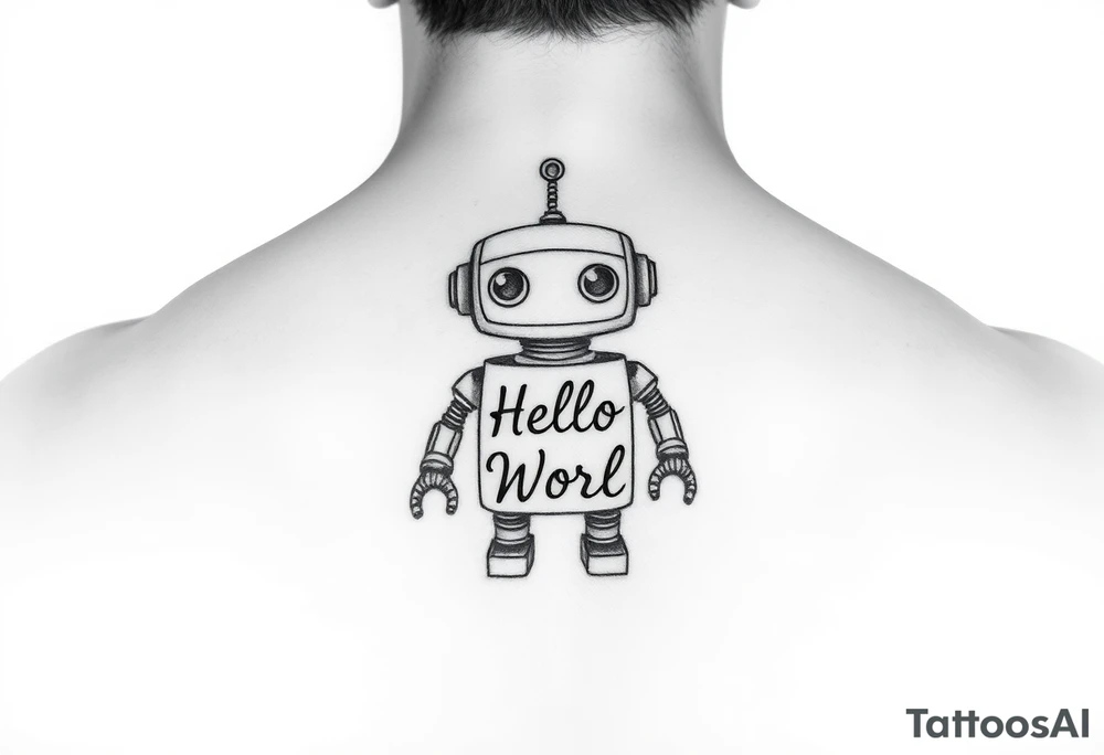 Tattoo of a cute robot with the text 'Hello, World! tattoo idea