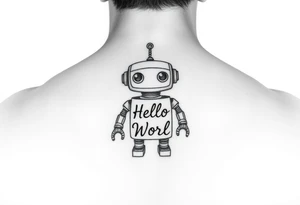 Tattoo of a cute robot with the text 'Hello, World! tattoo idea