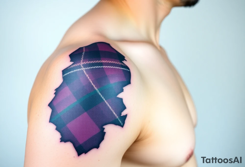 Side of arm Dark Purple with green pink blue and white highlights tartan fabric with skin peeling away at edges tattoo idea