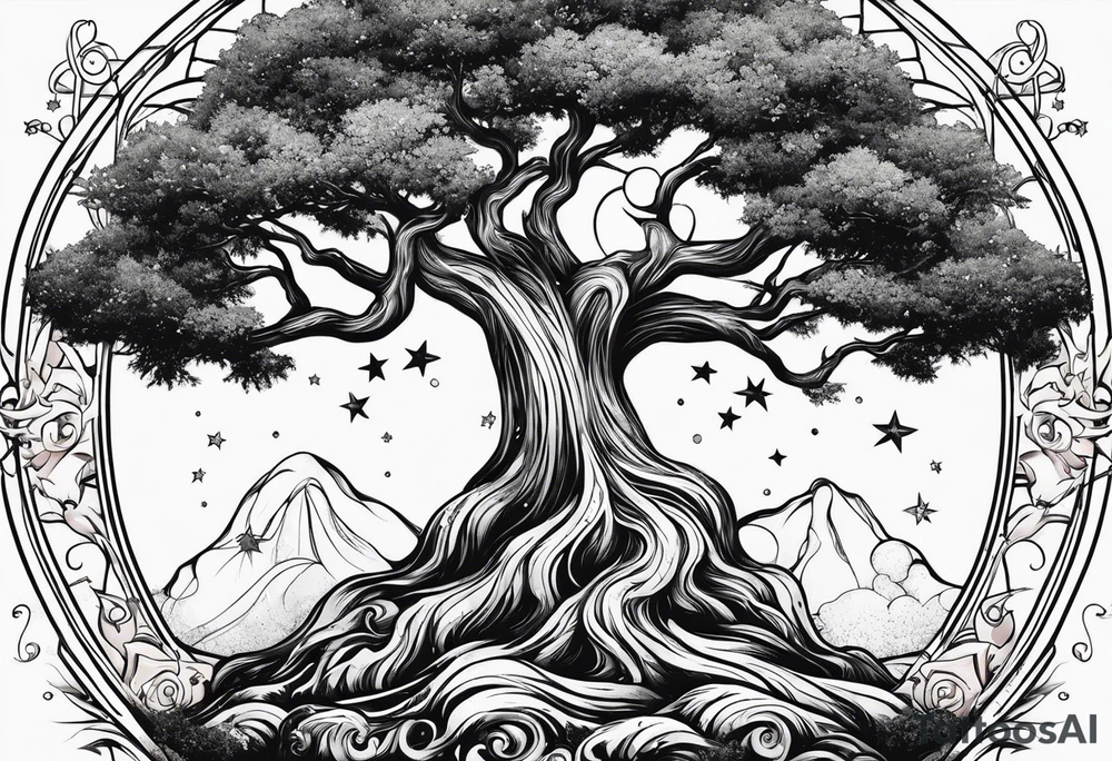 Tree with Star 
symbol and a together forever through time and space tattoo idea