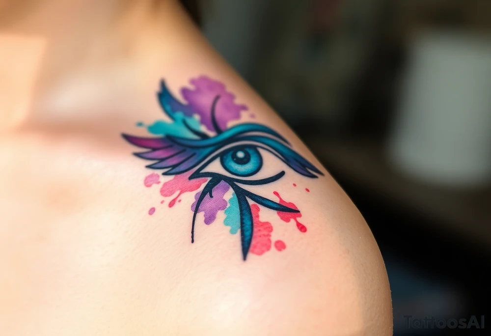 A watercolor-style Eye of Horus, with splashes of turquoise, purple, and red blending together for an artistic effect tattoo idea