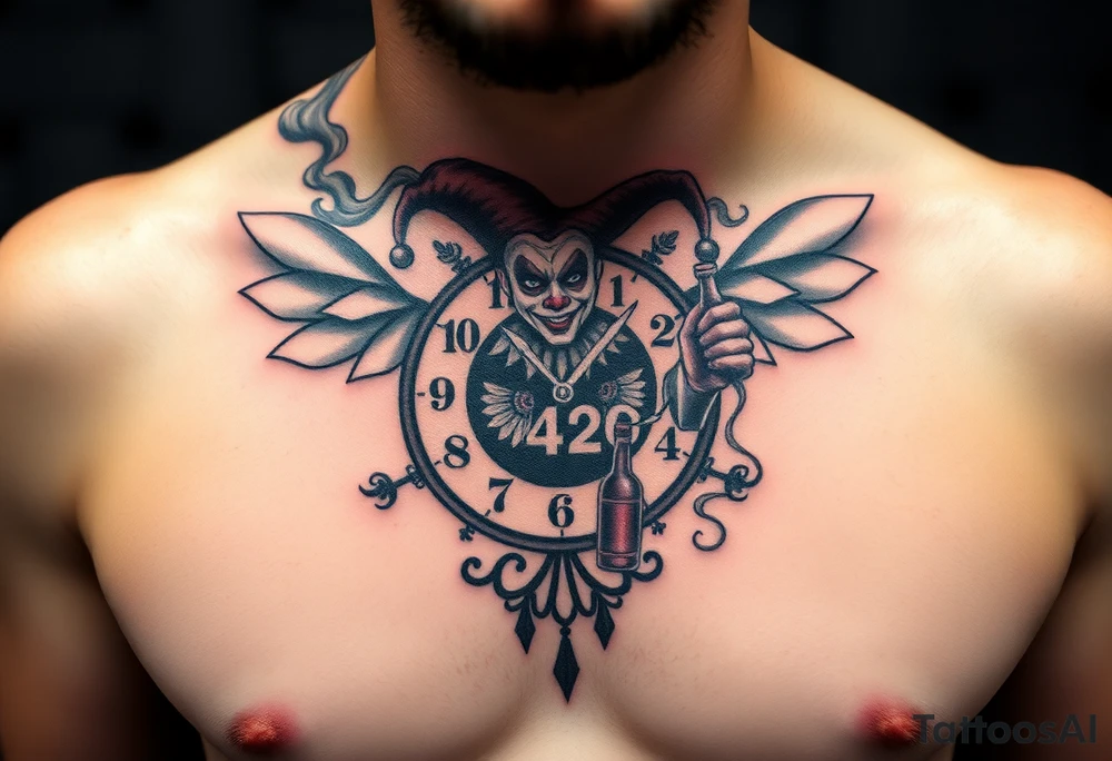 a jester clown floating in smoke with a  clock, the time says 420,  with two open wings besides the clock, smoke as the spring rising from the clock, a jester clown coming out the smoke, smoking in one hand with a liquor bottle on the other hand tattoo idea