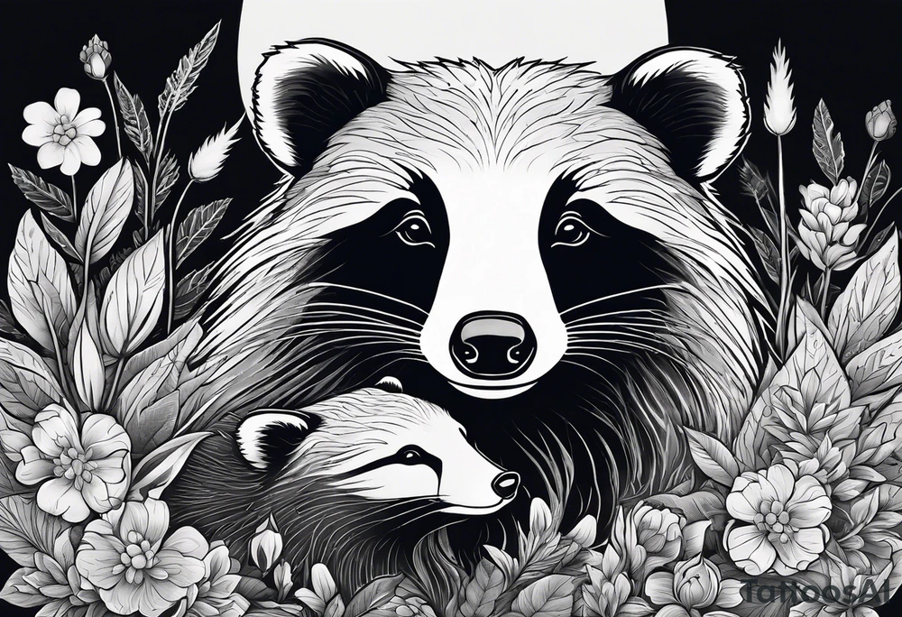 A badger with a cub in a field of flowers, including an open fireplace and a cannabis leaf realistic in center and getting more trippy towards the edges tattoo idea
