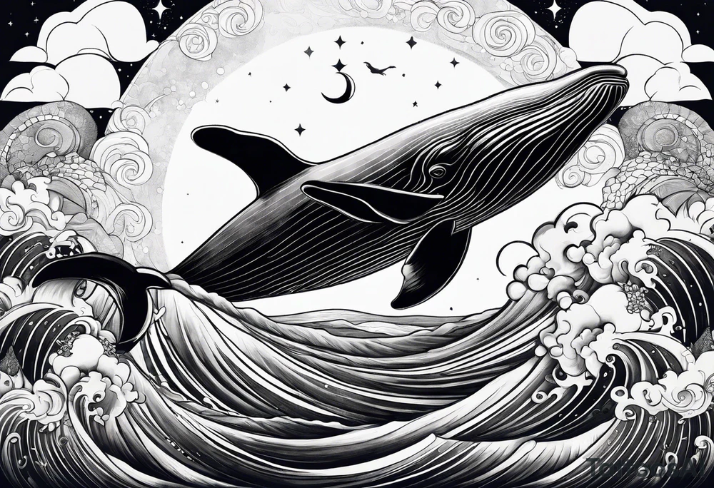 Whale jumping over a crescent moom tattoo idea