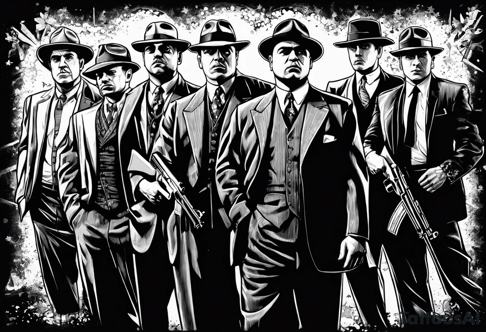 group of gangsters standing together including Al Capone, John Dillinger, Machine Gun Kelley, Bonnie and Clyde along with tommy guns tattoo idea