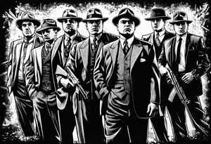 group of gangsters standing together including Al Capone, John Dillinger, Machine Gun Kelley, Bonnie and Clyde along with tommy guns tattoo idea