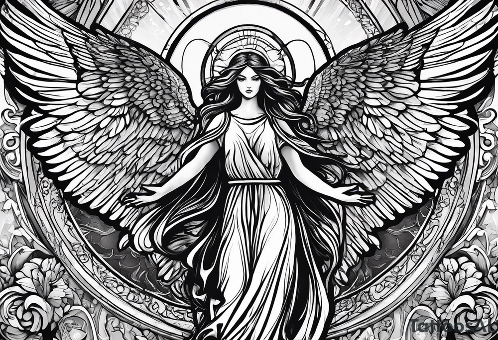 Depict a guardian angel and its malevolent shadow, emphasizing the internal conflict between the desire to do good and the temptation to give in to darker impulses. tattoo idea