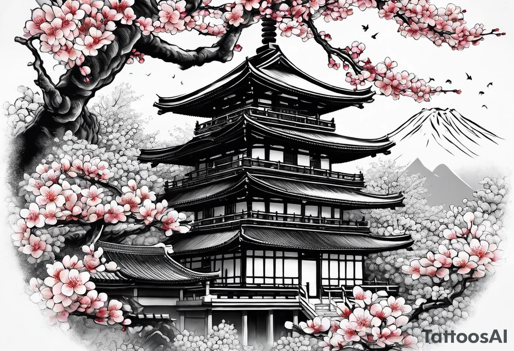 Japanese temple with cherry blossom leaves closer to foreground tattoo idea