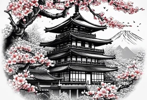 Japanese temple with cherry blossom leaves closer to foreground tattoo idea